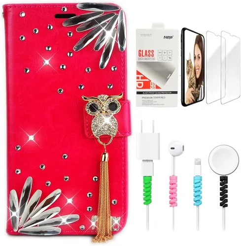 Miniatura 11 de Bling Wallet - Funda de cuero compatible con Google Pixel 6a, elegante, hecha a mano en 3D, con libélula y purpurina para bicicleta, con protector