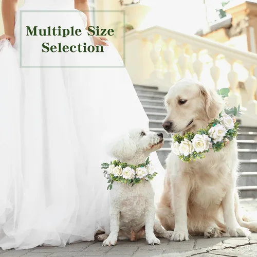 Miniatura 5 de Honoson Collar de flores de boda para perro, corona ajustable de rosas blancas artificiales con lazo de cinta, traje de mascota cachorro y gato