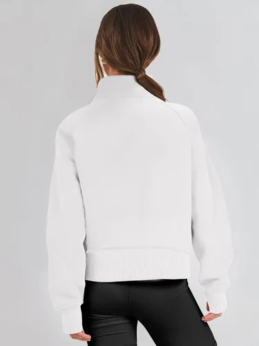 Miniatura 5 de ANRABESS Sudaderas recortadas para mujer, con media cremallera, forro polar, con cremallera de un cuarto, ropa de otoño 2023, suéter con agujero