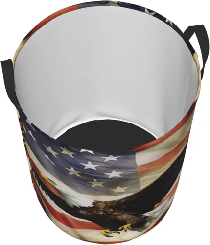 Miniatura 3 de Cesta circular con estampado de bandera estadounidense con águila moscada, impermeable, cesta organizadora de lavandería, con asas, para ropa