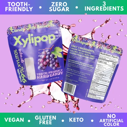 Miniatura 5 de Xylipop Grape - Caramelo de xilitol amigable con los dientes, fabricado con 3 ingredientes orgánicos, sin azúcar y vegano, tratamiento seguro