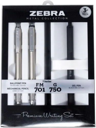 Zebra Pen Juego de regalo de escritura premium, paquete de 3, tinta negra, punta media/fina, incluye bolígrafo de gel G-750, bolígrafo F-701 y lápiz