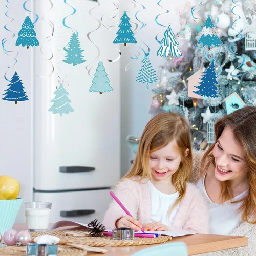 Miniatura 4 de Colarr Paquete de 50 remolinos colgantes de invierno para decoración de árbol azul, remolinos de techo, espirales en espiral, adornos para aula