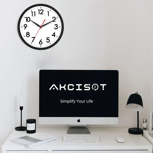 Miniatura 6 de AKCISOT Reloj de pared de 12 pulgadas, silencioso y moderno, funciona con pilas, reloj analógico clásico para oficina, hogar, baño, cocina, A_negro
