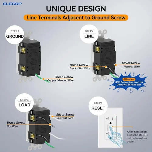 Miniatura 8 de ELEGRP Salida GFCI para Exteriores, Receptáculo GFI Eléctrico de Autoprueba de 15 Amperios con Diseño Más Delgado, Receptáculo GFCI Resistente a