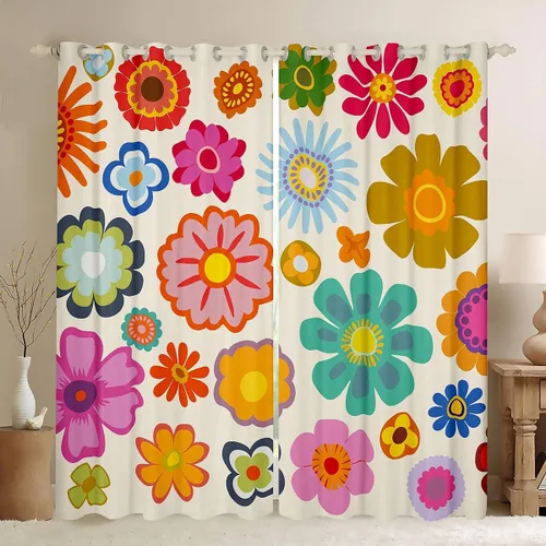 Erosebridal Cortinas opacas de flores geniales de los años 70, 76 x 45 pulgadas, cortinas de flores de arco iris, cortinas y cortinas florales