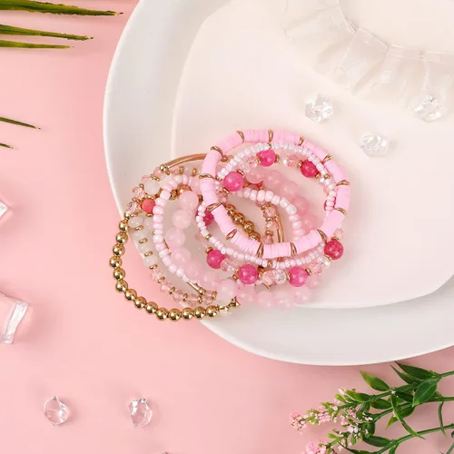 Miniatura 4 de IDEAJOY Pulseras rosas bohemias de cuentas de varias capas apilables, conjunto de 8 piezas de hebra elástica versátil con cuentas brillantes