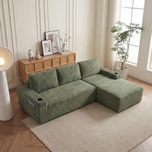 Miniatura 26 de Sofá seccional sin costuras de 108" en forma de L para sala de estar, cómodo sofá de corduroy con chaise, amplios reposabrazos, asiento profundo