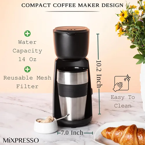 Miniatura 3 de Mixpresso Cafetera Personal de Una Sola Porción y Taza de Viaje de 14oz, Cafetera Pequeña de Goteo y Termo, Apagado Automático y Filtro Negro