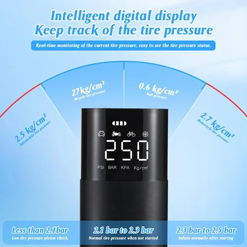 Miniatura 5 de Compresor de aire portátil para inflador de neumáticos con monitor de presión digital y bomba eléctrica con cable de luz LED para automóvil