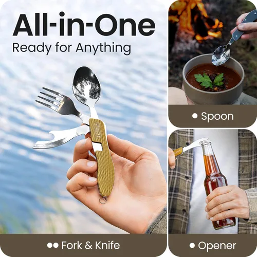 Miniatura 2 de Orblue Utensilios de comida 4 en 1, paquete de 2 – Cuchara portátil, tenedor, cuchillo y abridor de botellas – Cubiertos de acero inoxidable