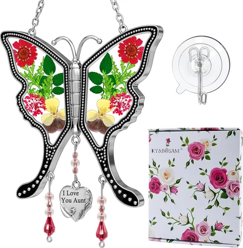 Miniatura 11 de KY&BOSAM Atrapasoles de mariposa con texto en inglés "I Love You Sister" para ventanas con flores secas y prensadas reales, dije de corazón grabado