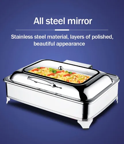 Miniatura 3 de Calentador de alimentos de 9 litros, juego de bufé rectangular con tapa visible de vidrio y control de temperatura, servidores de buffet