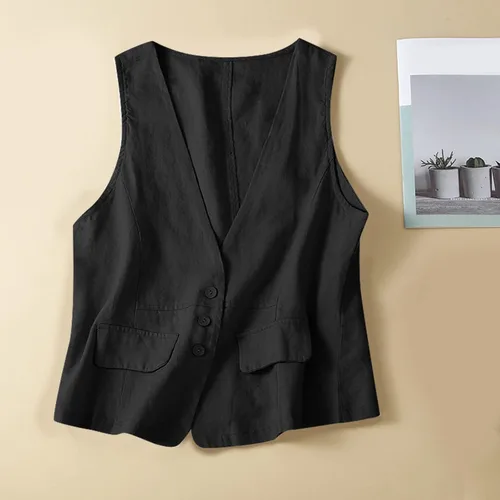 Miniatura 30 de COTECRAM Chaleco de lino de algodón para mujer, casual, sin mangas, con botones, ligero, para verano, holgado, ropa de abrigo