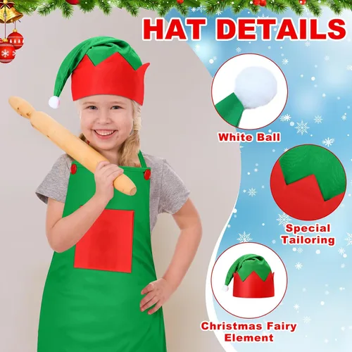 Miniatura 3 de Handepo - Conjunto de delantal y gorro de elfo navideño para niños, sombreros de Papá Noel para niños, suministros de fiesta navideña para niños