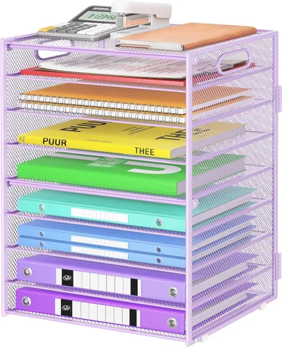 Miniatura 12 de Cawukege Organizador de papel de 9 niveles con asa, organizador de escritorio de gran capacidad, carpeta de archivos de malla, bandeja de papel