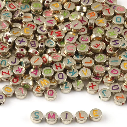 Miniatura 8 de 1200 cuentas de letras negras para pulseras, cuentas redondas de acrílico negro y dorado del alfabeto de 0.157 x 0.276 in para fabricación de joyas