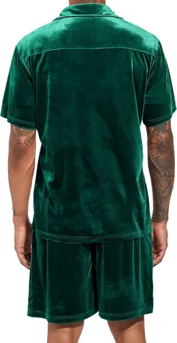 Miniatura 23 de LecGee Conjunto de pantalones cortos casuales de verano para hombre, camisa de terciopelo de manga corta con botones, pantalones cortos de cintura