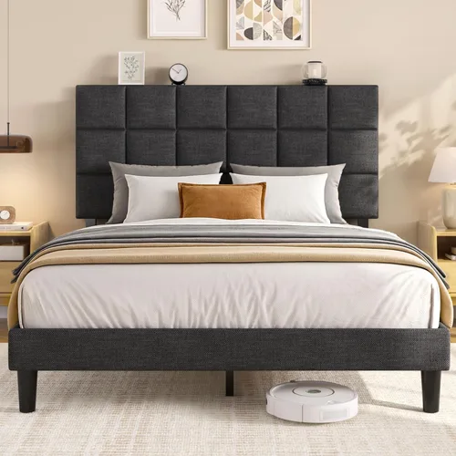 Miniatura 11 de Fluest Base de cama de plataforma completa con cabecero alto tapizado de lino, no necesita somier, esponja EVA antirruido, fácil montaje, envío