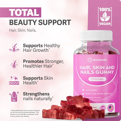 Miniatura 4 de Rosabella Gomitas para el crecimiento del cabello para mujeres y hombres – Gomitas veganas para el cabello con 5000 mcg de biotina – Vitaminas