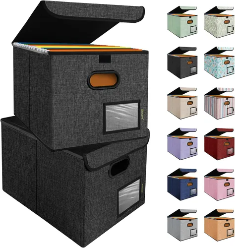 Miniatura 27 de Caja organizadora de archivos Baleine con tapa, organizador de carpetas de archivos plegable con deslizador de plástico, caja de carpetas