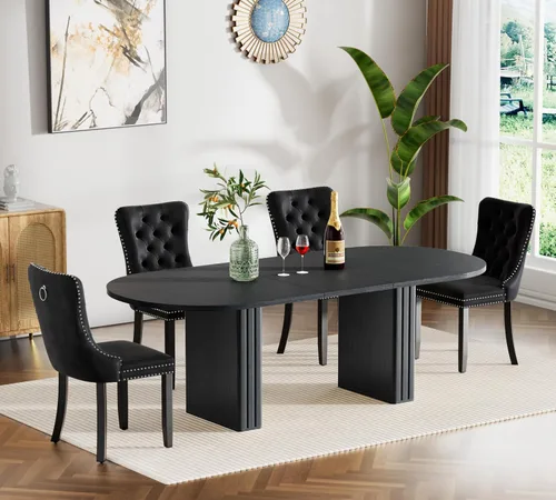 Juego de 4 mesas de comedor extensibles, mesa de comedor ovalada negra y 4 sillas de comedor de terciopelo negro con patas de madera, juego de mesa
