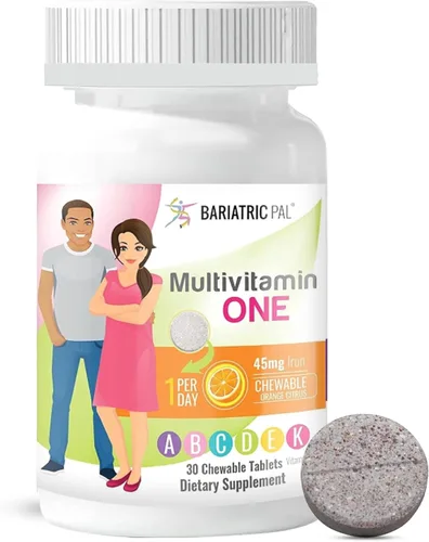 BariatricPal Multivitamínico UNO 1 por día! Multivitamínico bariátrico masticable con 45 mg de hierro | Cítrico naranja | Vitamina para pacientes de