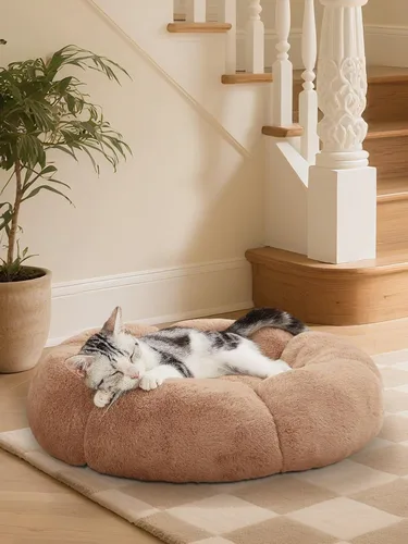 OhGeni Cama calmante para perros y gatos de 20 pulgadas en forma de dona para mascotas pequeñas, cálida y cómoda, esponjosa, duradera, lavable a