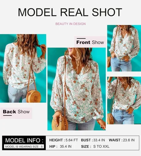 Miniatura 3 de SHEWIN Blusas sueltas de manga larga con cuello en V y estampado floral para mujer