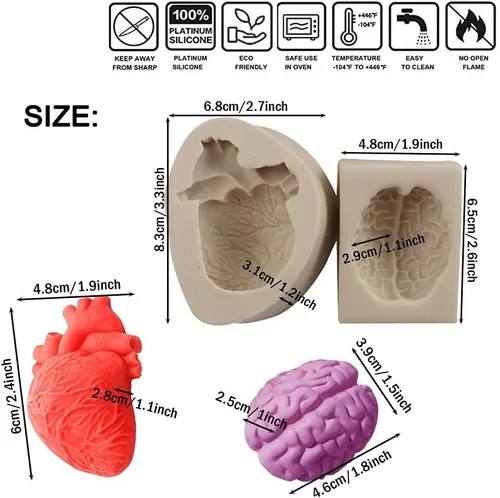 Miniatura 3 de WYD 2 piezas de molde de mousse de helado de corazón humano y cerebro 3D DIY Halloween órgano sorpresa molde de silicona para fondant de dulce