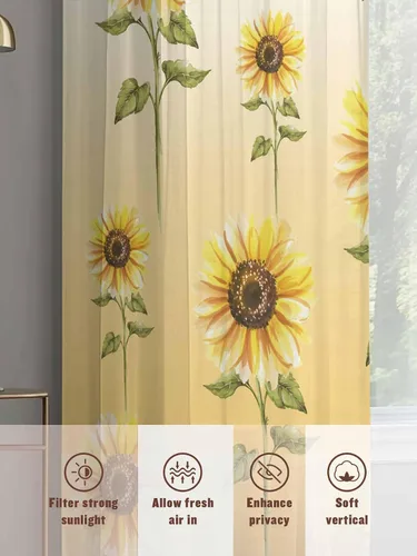 Miniatura 7 de Juego de 2 paneles de cortinas de girasol de 63 pulgadas de largo, cortinas traslúcidas amarillas con bolsillo para barra, cortinas de cocina