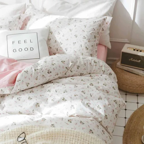 Faincy Juego de edredón floral de tamaño individual, diseño de hojas de flores rosas y blancas, juego de cama alternativo reversible preppy, edredón