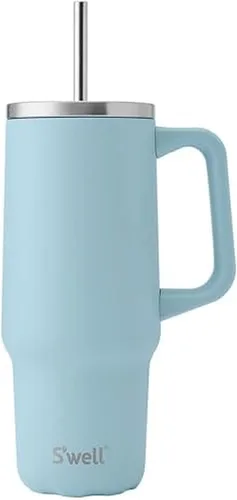 Miniatura 19 de S'well Vaso de acero inoxidable reciclado XL con popote y asa, 40 onzas, azurita, contenedor aislado al vacío de triple capa mantiene las bebidas