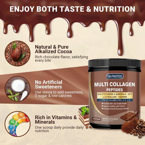 Miniatura 3 de DRFOSTER - Péptidos de colágeno de chocolate en polvo para mujeres y hombres, colágeno multitipo I II III V X con multivitaminas y minerales