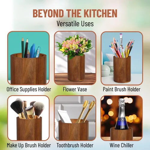 Miniatura 7 de Homeries Soporte para utensilios de madera de acacia para decoración de encimera de cocina, organizador de utensilios de cocina, organizador