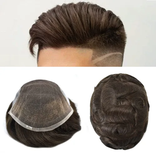 Miniatura 33 de Tupé para hombres 100% europeos unidades de cabello humano francés sistema de cabello de encaje con nudos blanqueados, línea capilar natural para #5