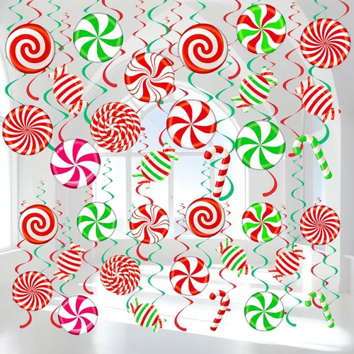 Miniatura 7 de Bencailor 72 piezas de remolinos de caramelo de Navidad, decoraciones colgantes de menta de Navidad, remolinos colgantes para decoración de fiestas