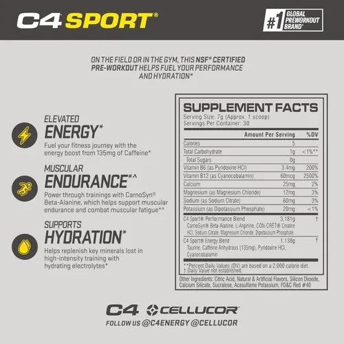 Miniatura 2 de Cellucor C4 Sport - Ponche de frutas en polvo para antes del entrenamiento, certificado NSF para deportes, 30 porciones, el embalaje puede variar.