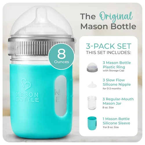 Miniatura 2 de Mason Bottle Juego de botellas de vidrio para bebé, incluye 3. Biberones de vidrio anticólicos de 8 onzas, 3 pezones de flujo lento, 3 tapas +