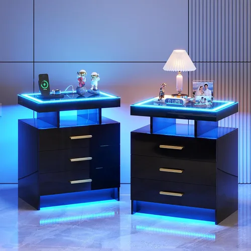 Miniatura 16 de HNEBC Mesita de noche LED con estación de carga, mesita de noche inteligente con luces de sensor de movimiento, 3 cajones, parte superior de vidrio