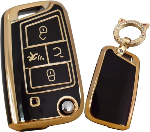 SANRILY Golden-Edge - Funda para llavero de 4 botones para VW Tiguan Golf Jetta Polo Atlas Skoda de protección completa sin llave con llavero de