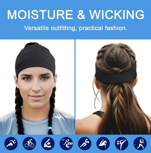 Miniatura 3 de Diadema negra de entrenamiento para mujer con agarre de silicona (paquete de 5) banda de sudor antideslizante para correr, ejercicio, gimnasio, yoga