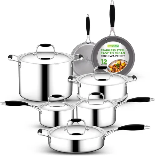 NutriChef Juego de utensilios de cocina de acero inoxidable de 12 piezas, ollas y sartenes, utensilios de cocina revestidos con asas de agarre de