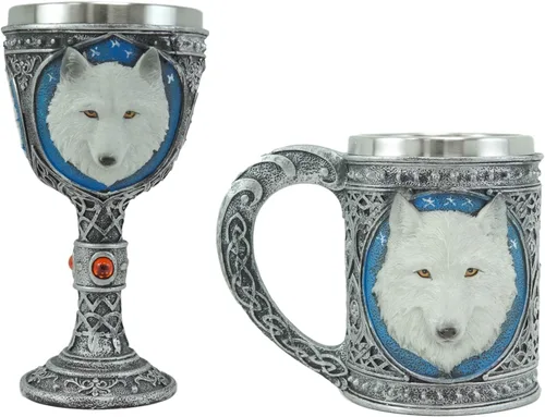 Miniatura 10 de Ebros Gift Gran celta mágica Knotwork Alpha Direwolf White Snow Wolf 8oz cáliz de copa de vino con forro de acero inoxidable Figura de taza