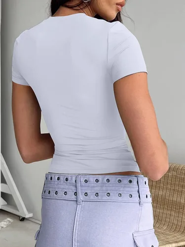 Miniatura 2 de Dwnval Camisetas básicas sexys para mujer, blusas de verano de manga corta con cuello redondo y ajuste entallado