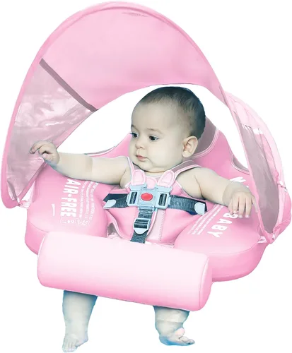 Mambobaby Flotador con Toldo Tamaño Mejorado, No Inflable, para Bebé Infantil, Flotador de Piscina Inteligente, Mambo Flotador de Natación, Rosa