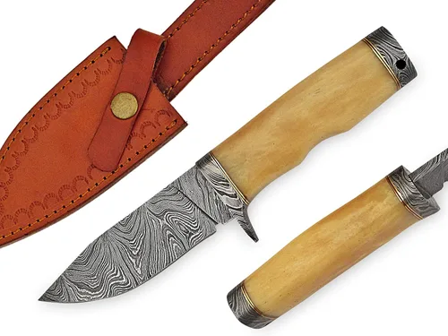SFG - Cuchillo Bowie de caza de hoja fija de 9 pulgadas, hoja de acero de damasco, mango de hueso de búfalo antideslizante, caza, camping,