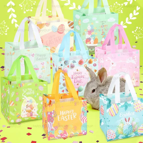 Miniatura 3 de PARSUP 8 bolsas de Pascua con diseño de conejo, zanahoria, huevos de gallina, bolsas no tejidas con asas para envolver regalos, caza de huevos