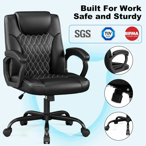 Miniatura 5 de Misolant Silla de oficina, silla de escritorio ejecutiva, cómodas sillas ejecutivas de piel sintética con reposabrazos fijo, altura ajustable, Negro