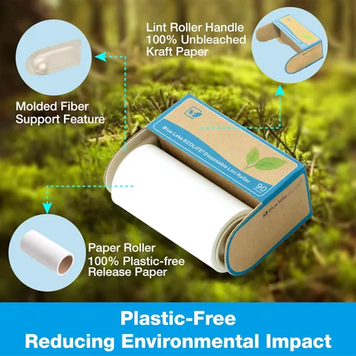 Miniatura 2 de Blue Lake ECOLIFE - Rodillo de pelusa sin plástico, paquete de 4 (360 hojas), extra pegajoso y ecológico, ideal para ropa, muebles y alfombras